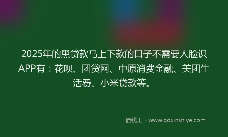 2025年的黑贷款马上下款的口子不需要人脸识APP有：花呗、团贷网、中原消费金融、美团生活费、小米贷款等。