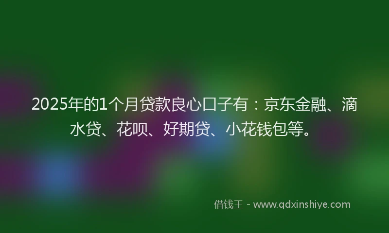 2025年的1个月贷款良心口子有：京东金融、滴水贷、花呗、好期贷、小花钱包等。
