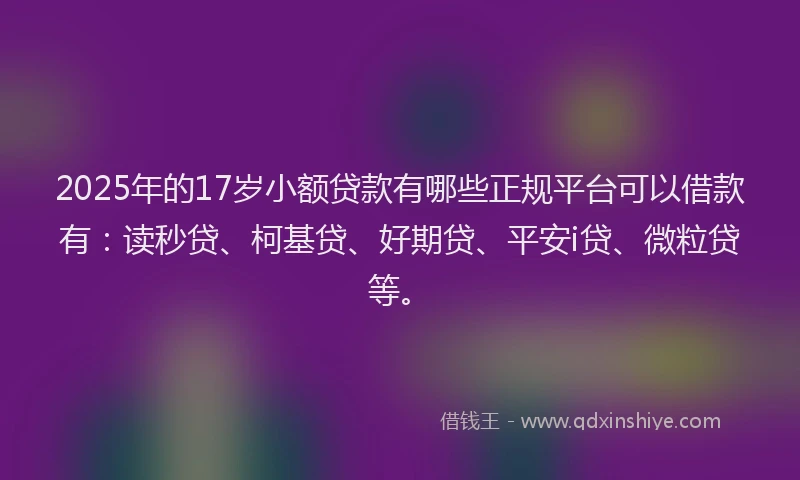 2025年的17岁小额贷款有哪些正规平台可以借款有：读秒贷、柯基贷、好期贷、平安i贷、微粒贷等。