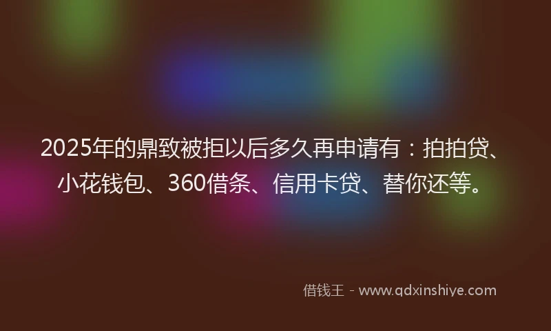 2025年的鼎致被拒以后多久再申请有：拍拍贷、小花钱包、360借条、信用卡贷、替你还等。