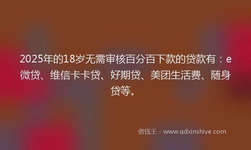 2025年的18岁无需审核百分百下款的贷款有：e微贷、维信卡卡贷、好期贷、美团生活费、随身贷等。