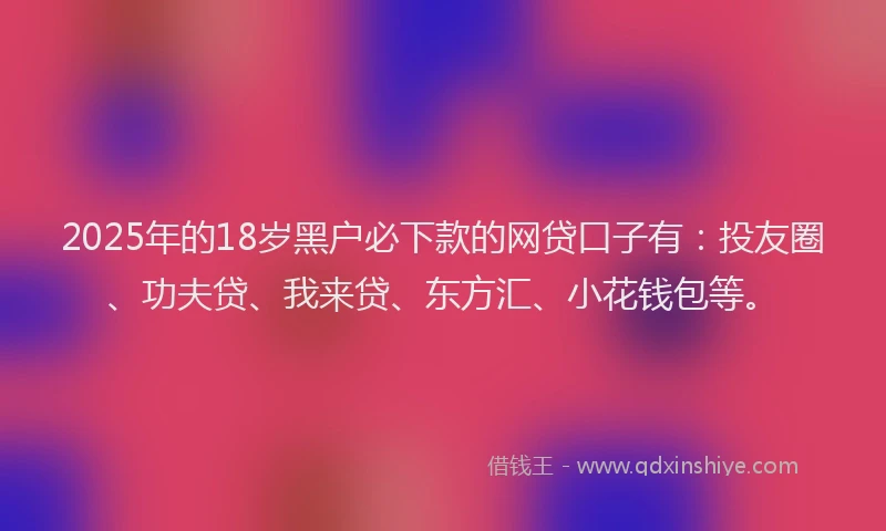 2025年的18岁黑户必下款的网贷口子有：投友圈、功夫贷、我来贷、东方汇、小花钱包等。