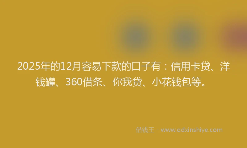 2025年的12月容易下款的口子有：信用卡贷、洋钱罐、360借条、你我贷、小花钱包等。