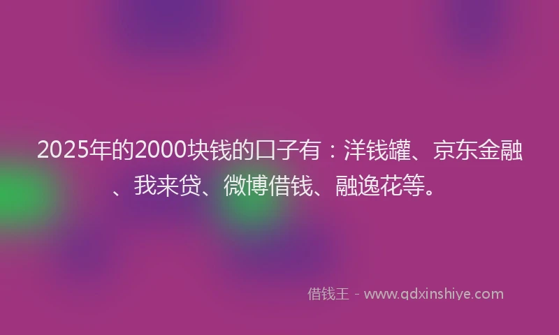 2025年的2000块钱的口子有：洋钱罐、京东金融、我来贷、微博借钱、融逸花等。