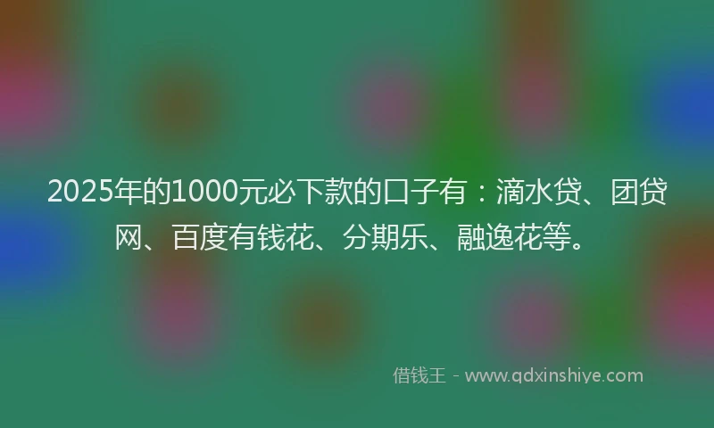 2025年的1000元必下款的口子有：滴水贷、团贷网、百度有钱花、分期乐、融逸花等。