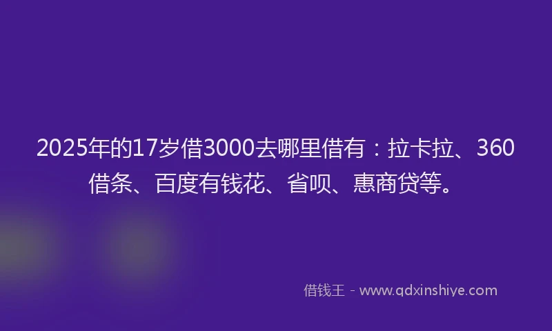 2025年的17岁借3000去哪里借有：拉卡拉、360借条、百度有钱花、省呗、惠商贷等。