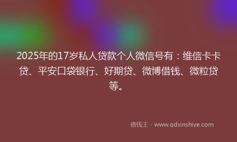 2025年的17岁私人贷款个人微信号有：维信卡卡贷、平安口袋银行、好期贷、微博借钱、微粒贷等。