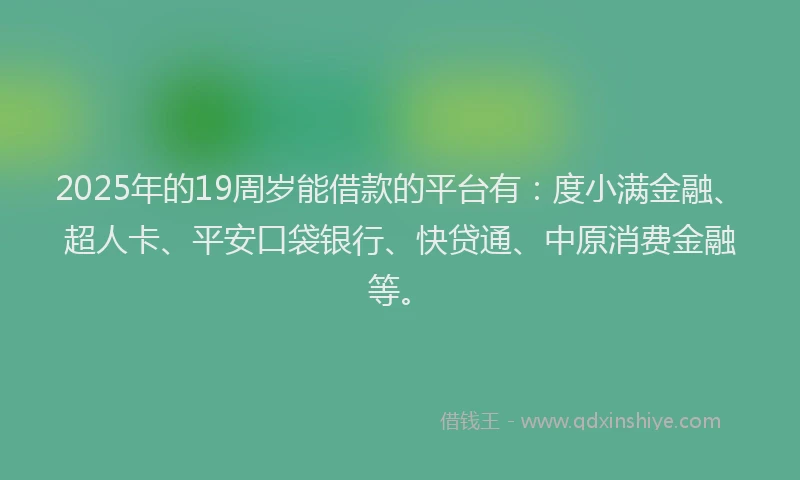 2025年的19周岁能借款的平台有：度小满金融、超人卡、平安口袋银行、快贷通、中原消费金融等。
