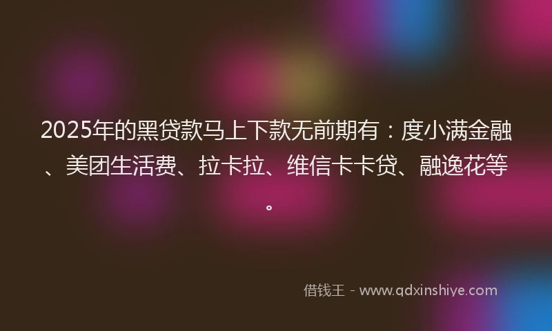 2025年的黑贷款马上下款无前期有：度小满金融、美团生活费、拉卡拉、维信卡卡贷、融逸花等。