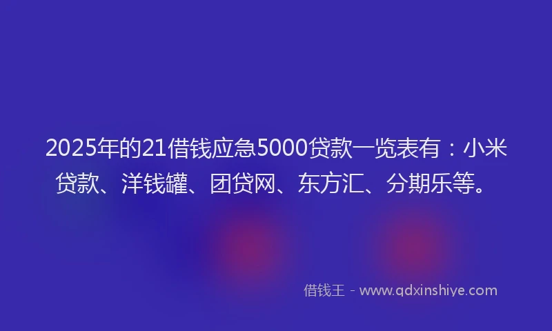2025年的21借钱应急5000贷款一览表有：小米贷款、洋钱罐、团贷网、东方汇、分期乐等。