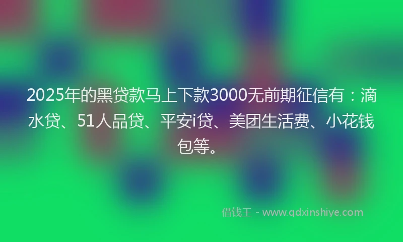 2025年的黑贷款马上下款3000无前期征信有：滴水贷、51人品贷、平安i贷、美团生活费、小花钱包等。