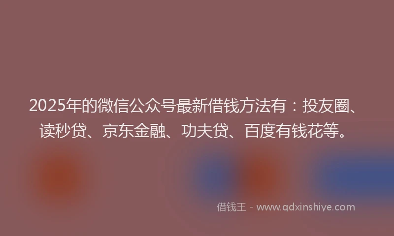2025年的微信公众号最新借钱方法有：投友圈、读秒贷、京东金融、功夫贷、百度有钱花等。