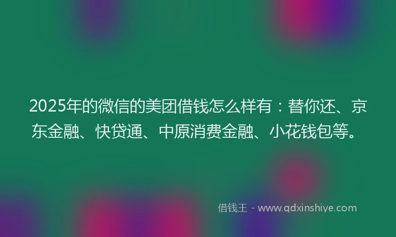 2025年的微信的美团借钱怎么样有：替你还、京东金融、快贷通、中原消费金融、小花钱包等。