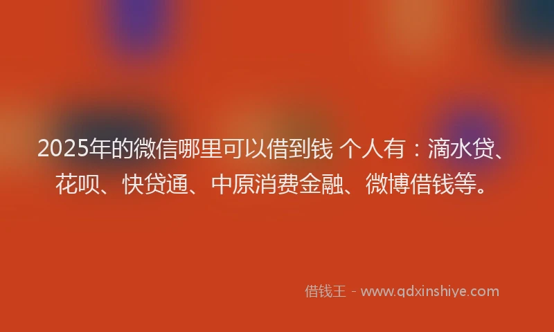 2025年的微信哪里可以借到钱 个人有：滴水贷、花呗、快贷通、中原消费金融、微博借钱等。