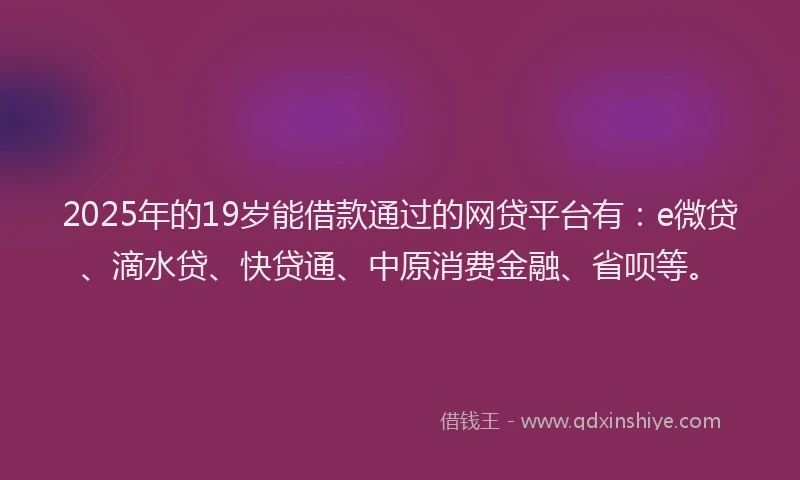2025年的19岁能借款通过的网贷平台有：e微贷、滴水贷、快贷通、中原消费金融、省呗等。