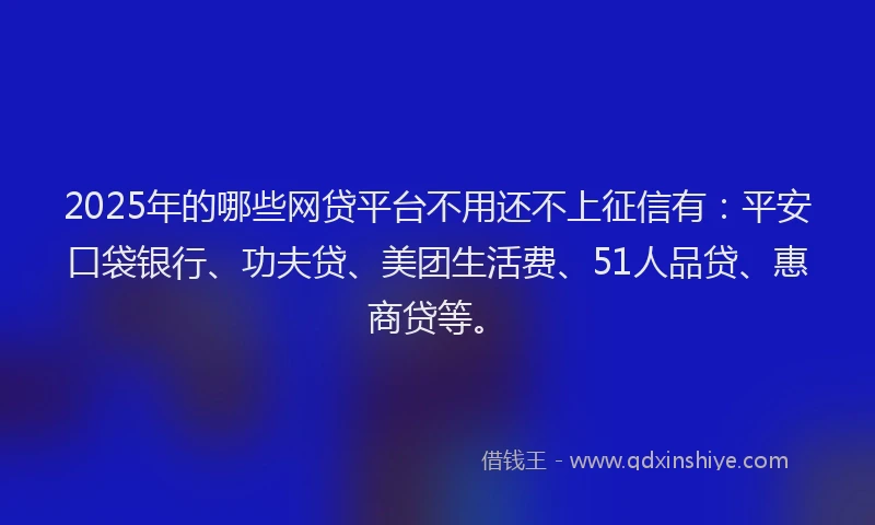 2025年的哪些网贷平台不用还不上征信有：平安口袋银行、功夫贷、美团生活费、51人品贷、惠商贷等。