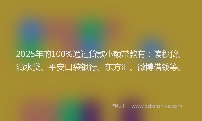 2025年的100%通过贷款小额带款有：读秒贷、滴水贷、平安口袋银行、东方汇、微博借钱等。