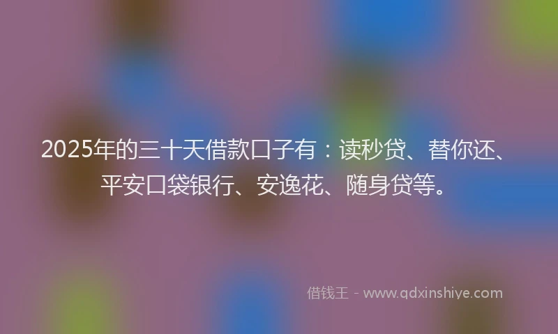 2025年的三十天借款口子有：读秒贷、替你还、平安口袋银行、安逸花、随身贷等。
