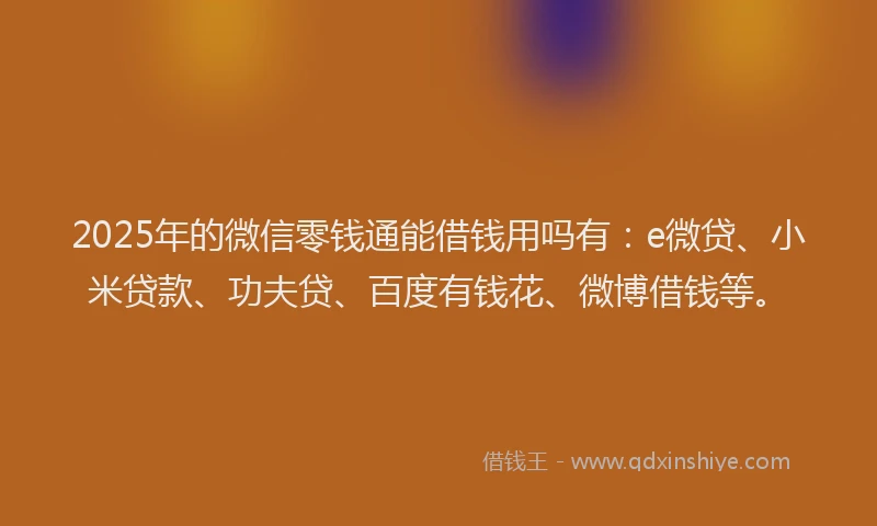 2025年的微信零钱通能借钱用吗有：e微贷、小米贷款、功夫贷、百度有钱花、微博借钱等。