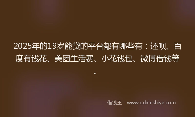 2025年的19岁能贷的平台都有哪些有：还呗、百度有钱花、美团生活费、小花钱包、微博借钱等。