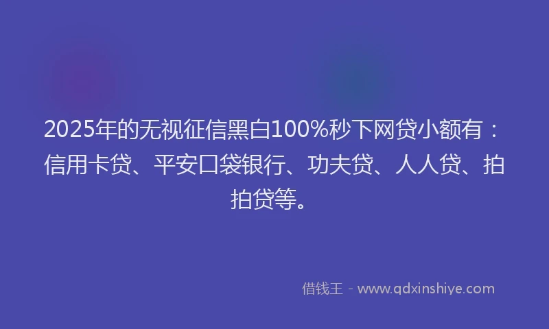 2025年的无视征信黑白100%秒下网贷小额有：信用卡贷、平安口袋银行、功夫贷、人人贷、拍拍贷等。