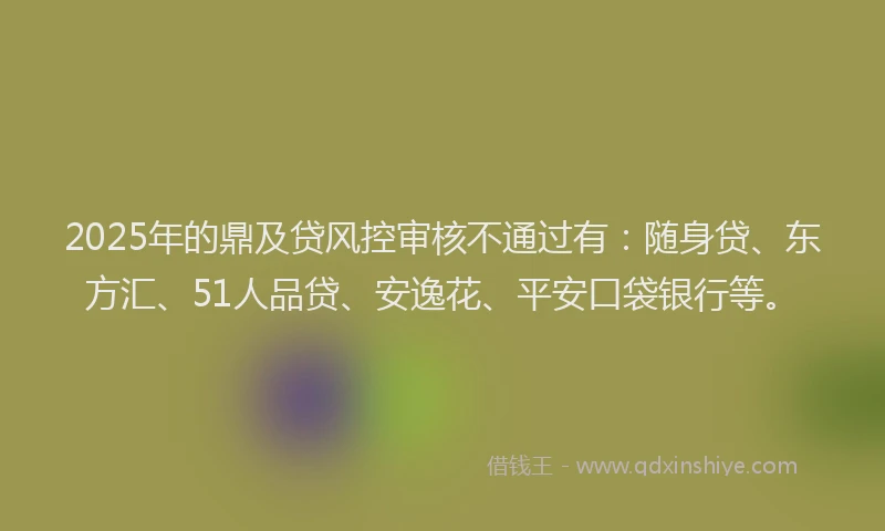 2025年的鼎及贷风控审核不通过有：随身贷、东方汇、51人品贷、安逸花、平安口袋银行等。