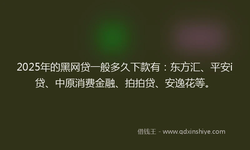 2025年的黑网贷一般多久下款有：东方汇、平安i贷、中原消费金融、拍拍贷、安逸花等。