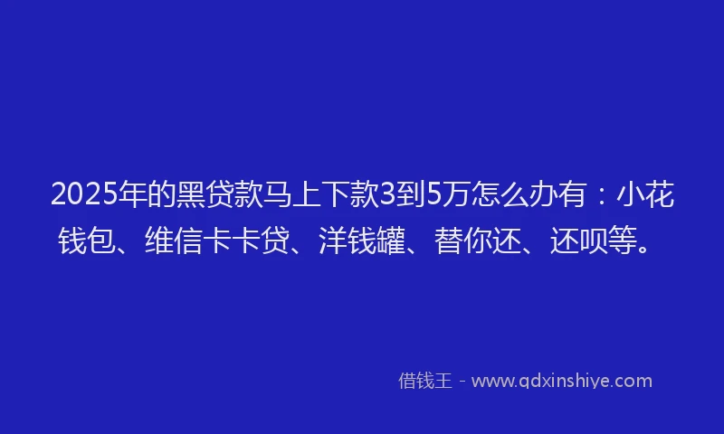 2025年的黑贷款马上下款3到5万怎么办有：小花钱包、维信卡卡贷、洋钱罐、替你还、还呗等。