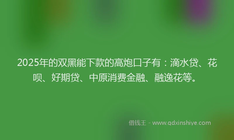 2025年的双黑能下款的高炮口子有：滴水贷、花呗、好期贷、中原消费金融、融逸花等。