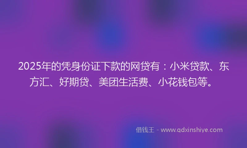 2025年的凭身份证下款的网贷有：小米贷款、东方汇、好期贷、美团生活费、小花钱包等。