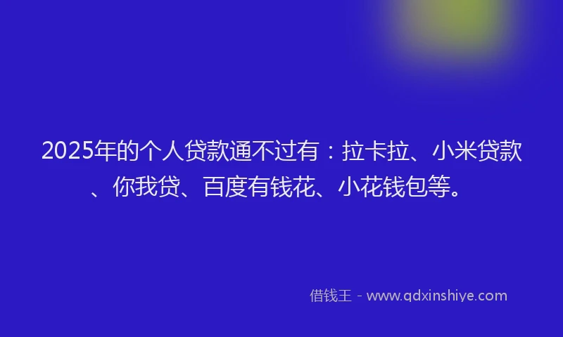 2025年的个人贷款通不过有：拉卡拉、小米贷款、你我贷、百度有钱花、小花钱包等。