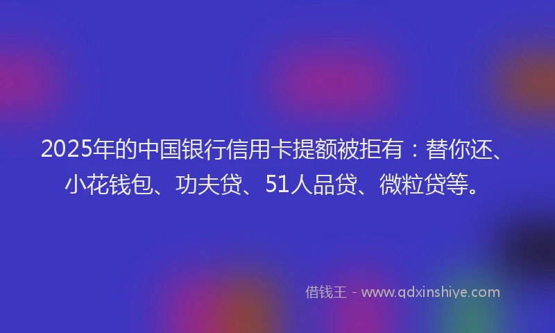 2025年的中国银行信用卡提额被拒有：替你还、小花钱包、功夫贷、51人品贷、微粒贷等。