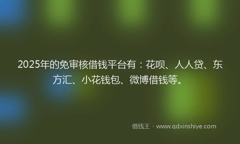2025年的免审核借钱平台有：花呗、人人贷、东方汇、小花钱包、微博借钱等。