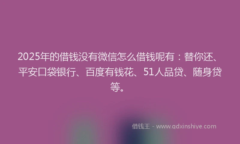 2025年的借钱没有微信怎么借钱呢有：替你还、平安口袋银行、百度有钱花、51人品贷、随身贷等。
