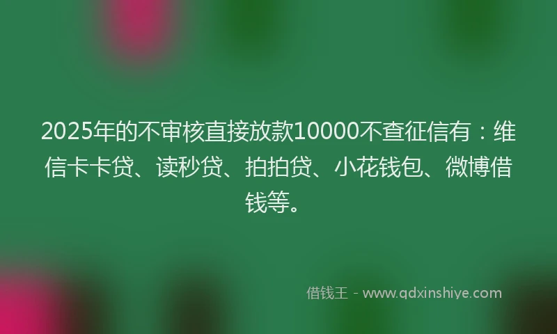 2025年的不审核直接放款10000不查征信有：维信卡卡贷、读秒贷、拍拍贷、小花钱包、微博借钱等。