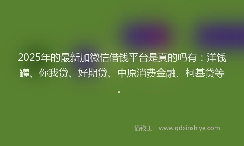 2025年的最新加微信借钱平台是真的吗有：洋钱罐、你我贷、好期贷、中原消费金融、柯基贷等。