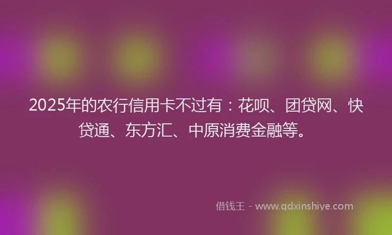 2025年的农行信用卡不过有：花呗、团贷网、快贷通、东方汇、中原消费金融等。