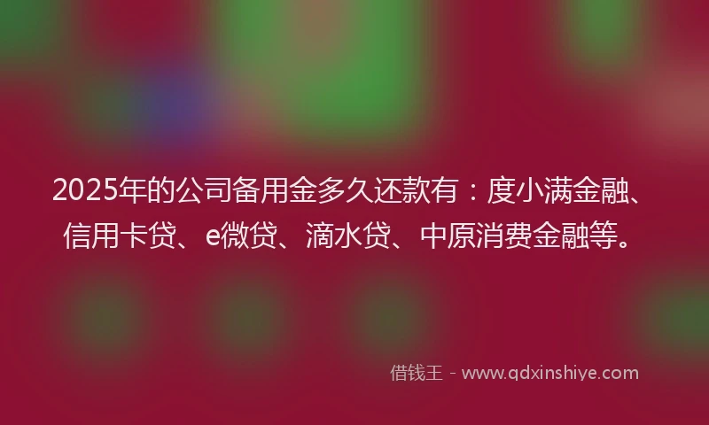 2025年的公司备用金多久还款有：度小满金融、信用卡贷、e微贷、滴水贷、中原消费金融等。