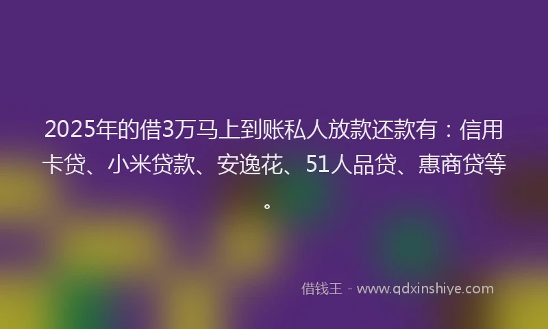 2025年的借3万马上到账私人放款还款有：信用卡贷、小米贷款、安逸花、51人品贷、惠商贷等。