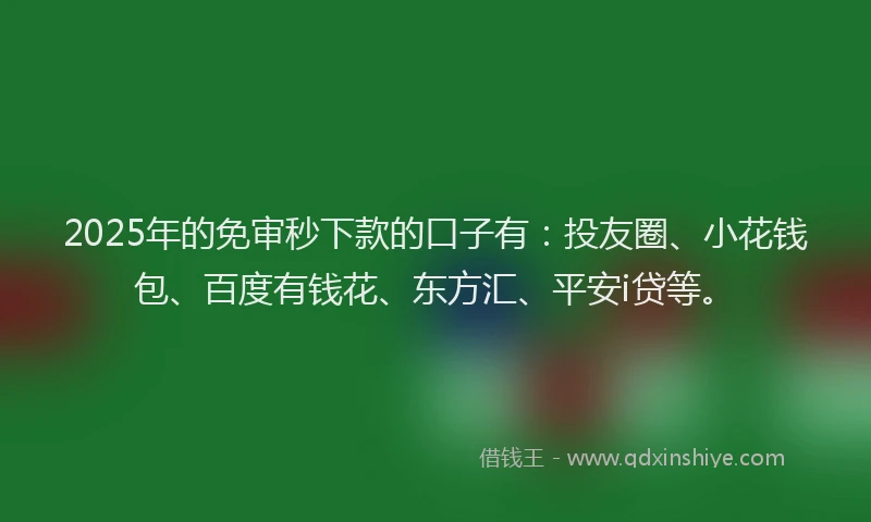 2025年的免审秒下款的口子有：投友圈、小花钱包、百度有钱花、东方汇、平安i贷等。