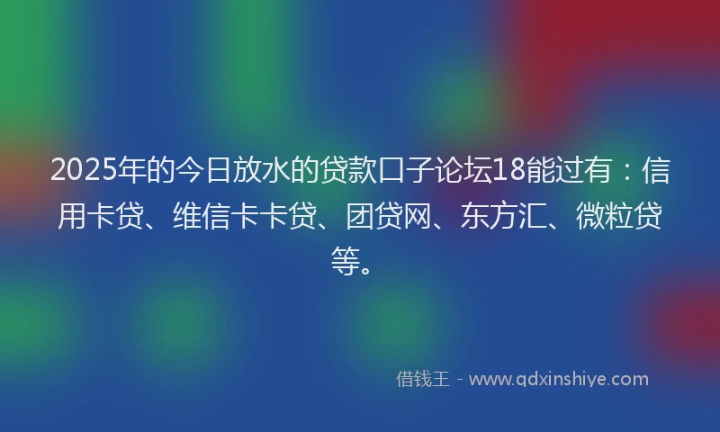 2025年的今日放水的贷款口子论坛18能过有：信用卡贷、维信卡卡贷、团贷网、东方汇、微粒贷等。