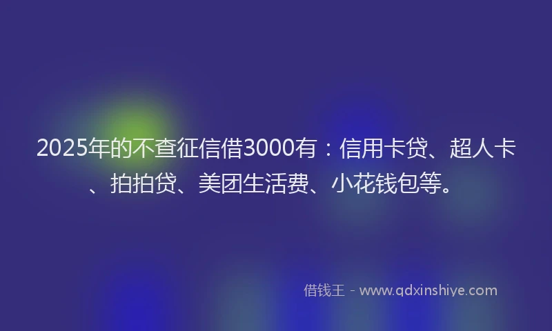 2025年的不查征信借3000有：信用卡贷、超人卡、拍拍贷、美团生活费、小花钱包等。