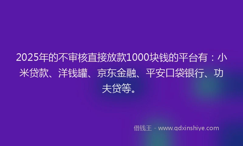 2025年的不审核直接放款1000块钱的平台有：小米贷款、洋钱罐、京东金融、平安口袋银行、功夫贷等。