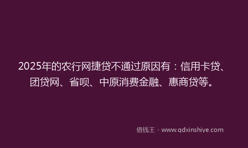 2025年的农行网捷贷不通过原因有：信用卡贷、团贷网、省呗、中原消费金融、惠商贷等。
