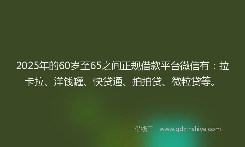 2025年的60岁至65之间正规借款平台微信有：拉卡拉、洋钱罐、快贷通、拍拍贷、微粒贷等。
