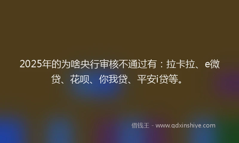 2025年的为啥央行审核不通过有：拉卡拉、e微贷、花呗、你我贷、平安i贷等。