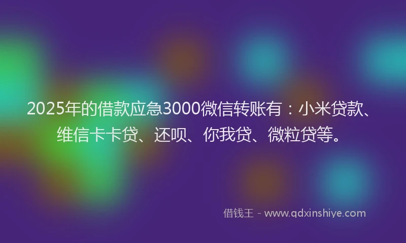 2025年的借款应急3000微信转账有：小米贷款、维信卡卡贷、还呗、你我贷、微粒贷等。