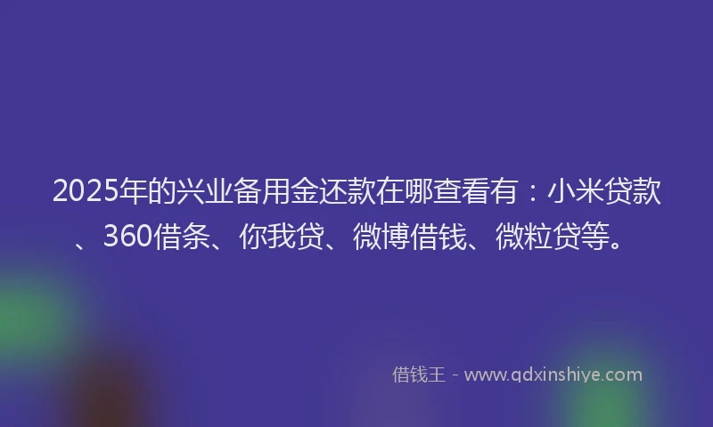 2025年的兴业备用金还款在哪查看有：小米贷款、360借条、你我贷、微博借钱、微粒贷等。