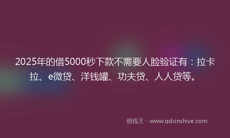 2025年的借5000秒下款不需要人脸验证有：拉卡拉、e微贷、洋钱罐、功夫贷、人人贷等。