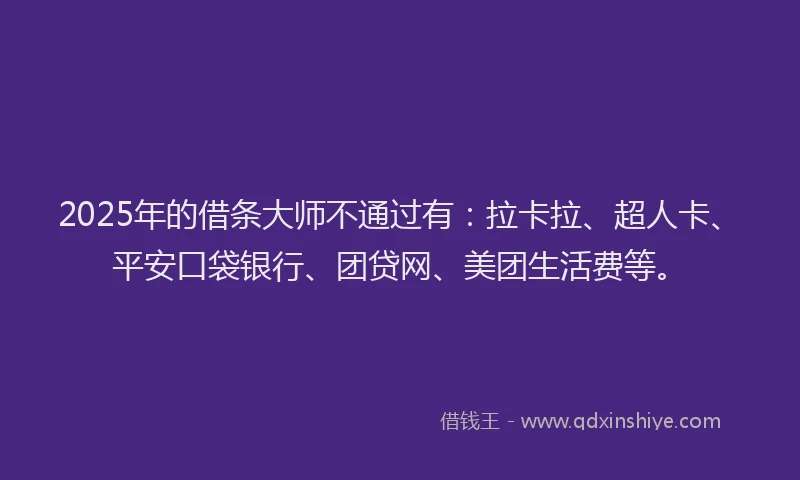 2025年的借条大师不通过有：拉卡拉、超人卡、平安口袋银行、团贷网、美团生活费等。